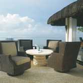 Terrace Outdoor Accent Swivel Rocker Chair in Resin Wicker & Sand Fabric